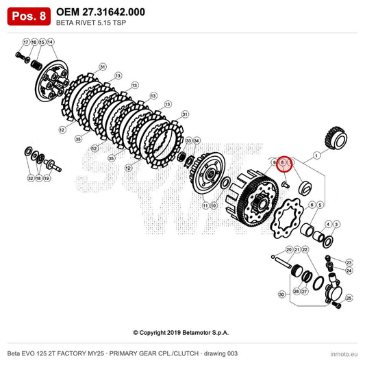 BETA RIVET 5.15 TSP – OEM 27.31642.000, position 8 on the Beta EVO 125 2T FACTORY MY25 primary gear cpl./clutch drawing
