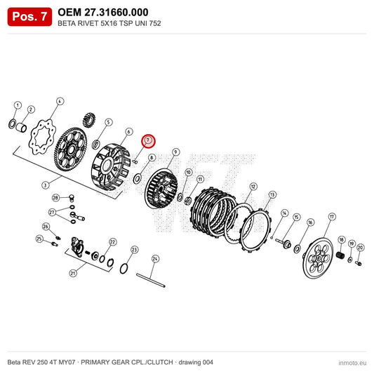 BETA RIVET 5X16 TSP UNI 752 – OEM 27.31660.000, position 7 on the Beta REV 250 4T MY07 primary gear cpl./clutch drawing