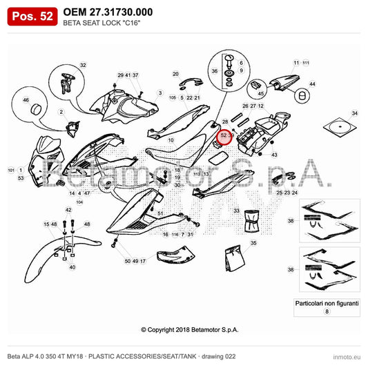 BETA SEAT LOCK "C16" – OEM 27.31730.000, position 52 on the Beta ALP 4.0 350 4T MY18 plastic accessories/seat/tank drawing