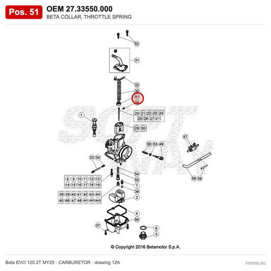 BETA COLLAR, THROTTLE SPRING – OEM 27.33550.000, position 51 on the Beta EVO 125 2T MY25 carburetor drawing