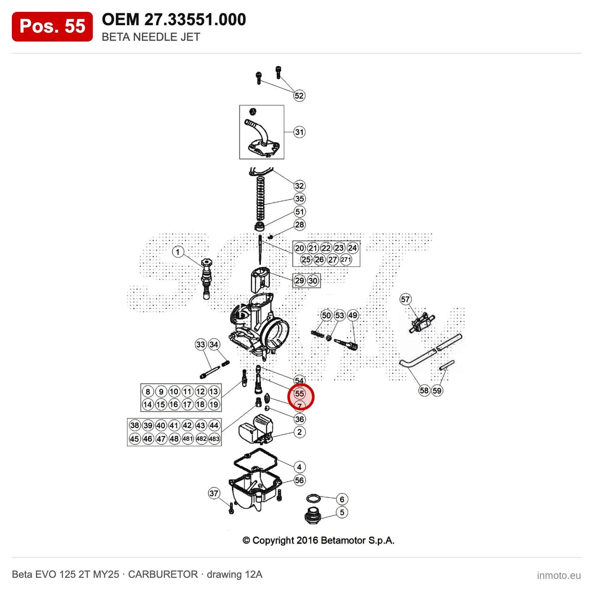 BETA NEEDLE JET – OEM 27.33551.000, position 55 on the Beta EVO 125 2T MY25 carburetor drawing
