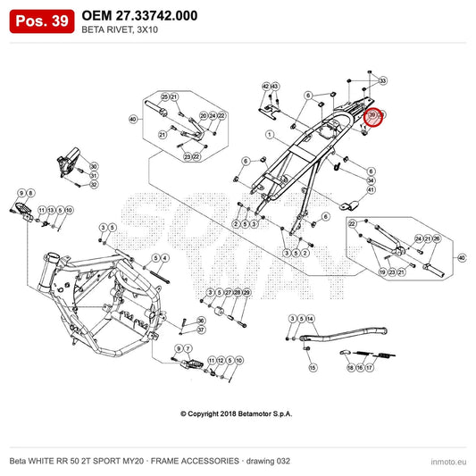 BETA RIVET, 3X10 – OEM 27.33742.000, position 39 on the Beta WHITE RR 50 2T SPORT MY20 frame accessories drawing