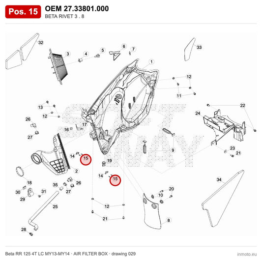 BETA RIVET 3 . 8 – OEM 27.33801.000, position 15 on the Beta RR 125 4T LC MY13-MY14 air filter box drawing