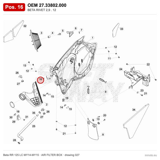 BETA RIVET 2,9 . 12 – OEM 27.33802.000, position 16 on the Beta RR 125 LC MY14-MY15 air filter box drawing