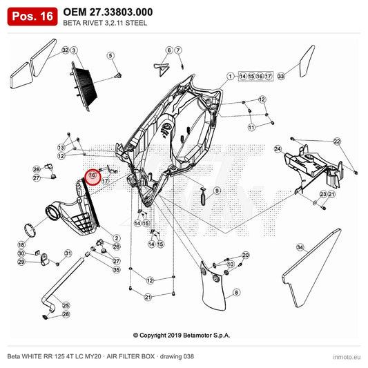 BETA RIVET 3,2.11 STEEL – OEM 27.33803.000, position 16 on the Beta WHITE RR 125 4T LC MY20 air filter box drawing