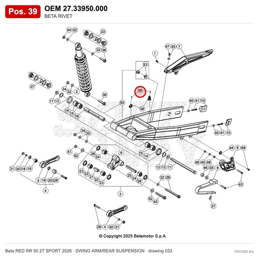 BETA RIVET – OEM 27.33950.000, position 39 on the Beta RED RR 50 2T SPORT 2026 swing arm/rear suspension drawing