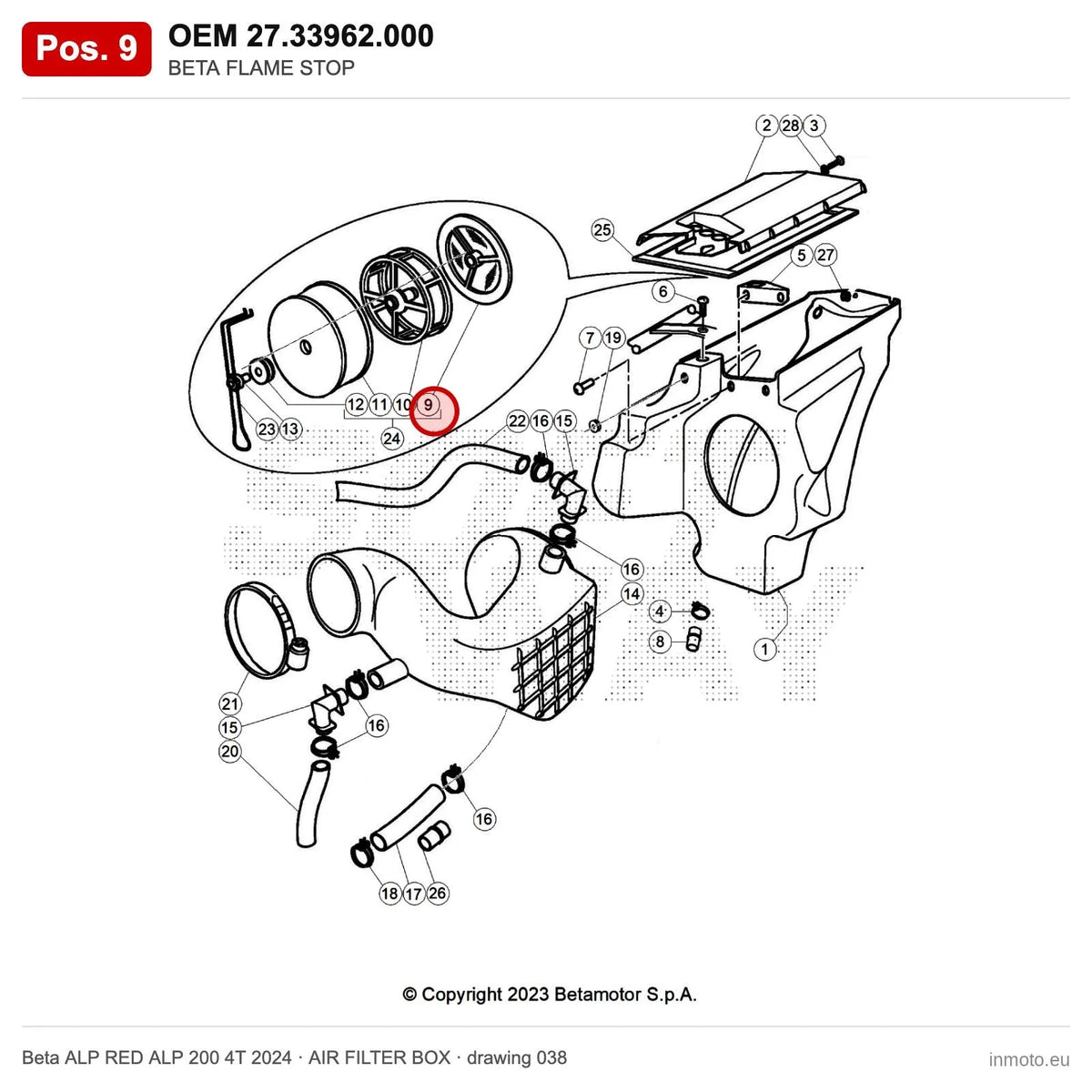 BETA FLAME STOP – OEM 27.33962.000, position 9 on the Beta ALP RED ALP 200 4T 2024 air filter box drawing