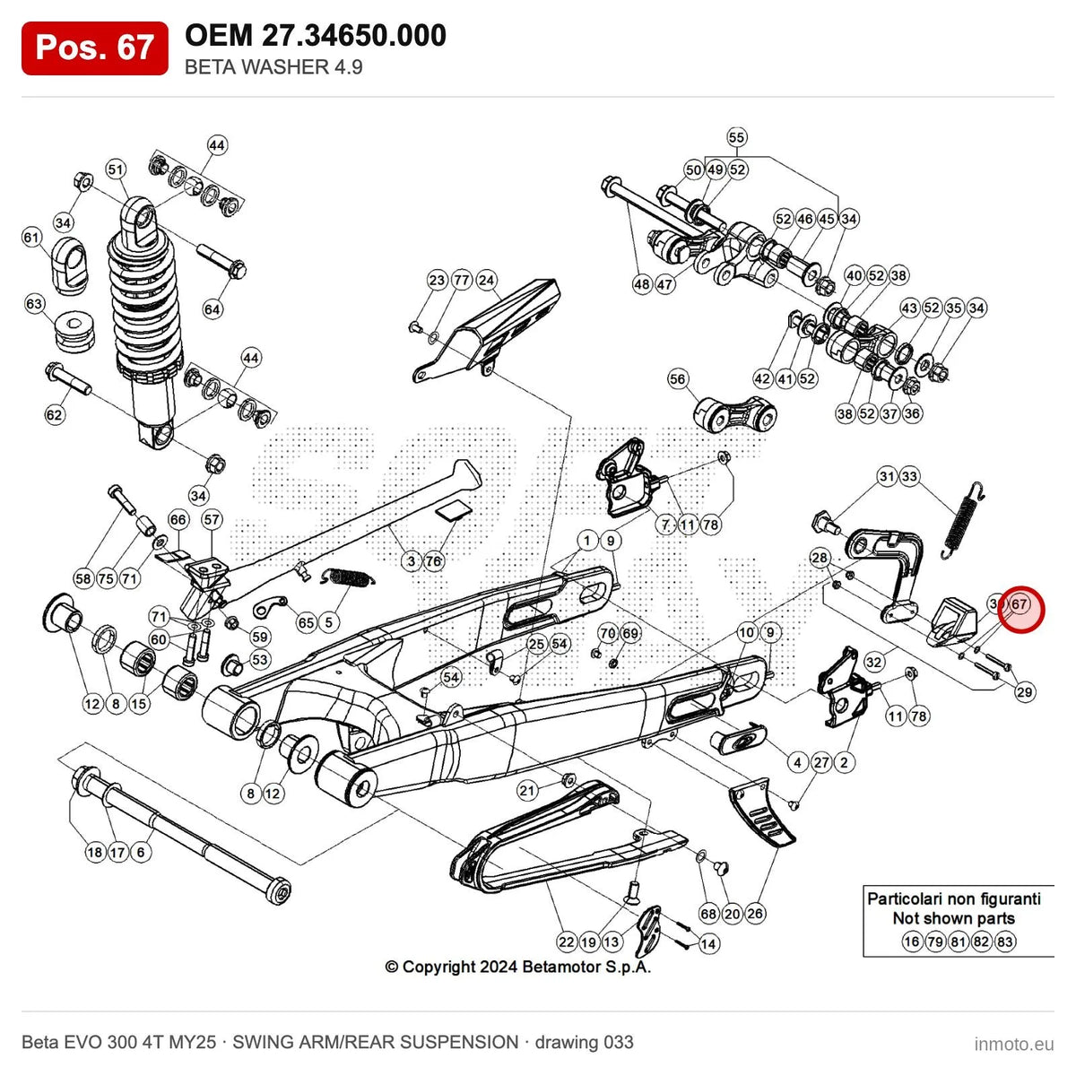 BETA WASHER 4.9 – OEM 27.34650.000, position 67 on the Beta EVO 300 4T MY25 swing arm/rear suspension drawing
