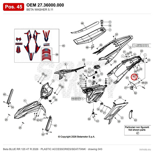 BETA WASHER 5.11 – OEM 27.36000.000, position 45 on the Beta BLUE RR 125 4T R 2026 plastic accessories/seat/tank drawing