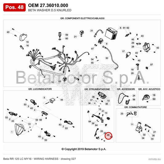 BETA WASHER D.5 KNURLED – OEM 27.36010.000, position 48 on the Beta RR 125 LC MY16 wiring harness drawing
