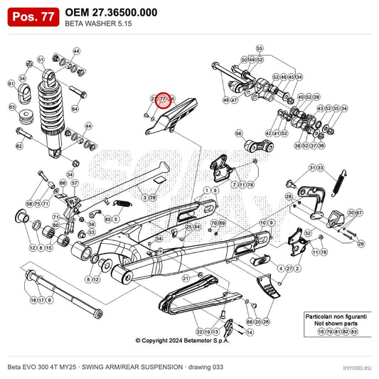 BETA WASHER 5.15 – OEM 27.36500.000, position 77 on the Beta EVO 300 4T MY25 swing arm/rear suspension drawing