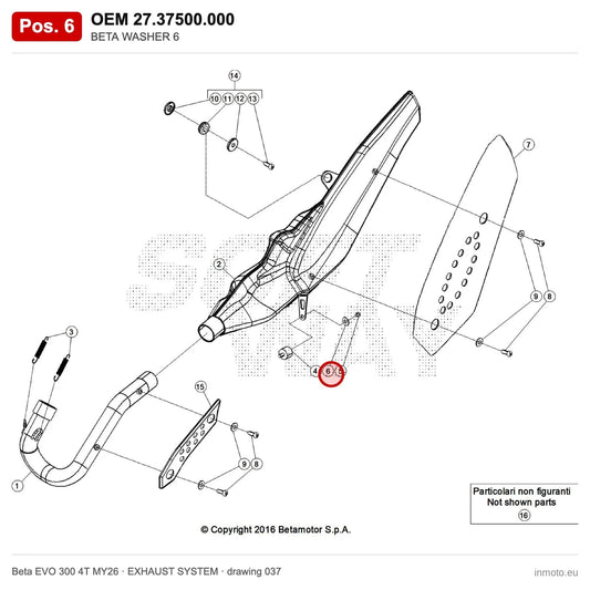 BETA WASHER 6 – OEM 27.37500.000, position 6 on the Beta EVO 300 4T MY26 exhaust system drawing