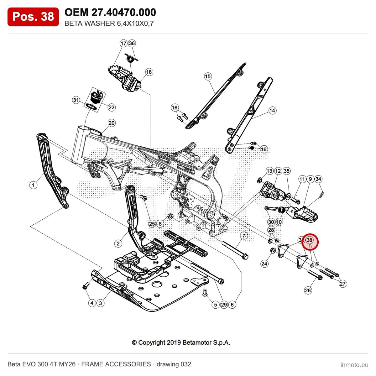 BETA WASHER 6,4X10X0,7 – OEM 27.40470.000, position 38 on the Beta EVO 300 4T MY26 frame accessories drawing
