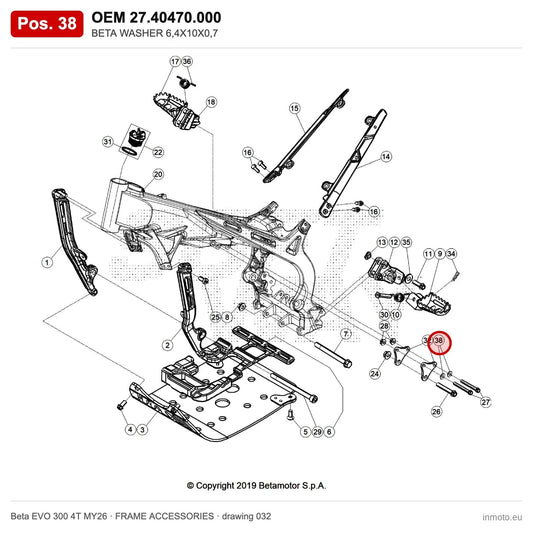 BETA WASHER 6,4X10X0,7 – OEM 27.40470.000, position 38 on the Beta EVO 300 4T MY26 frame accessories drawing