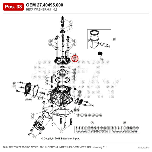 BETA WASHER 6.11.0,8 – OEM 27.40495.000, position 33 on the Beta RR 200 2T X-PRO MY27 cylinder/cylinder head/valvetrain drawing