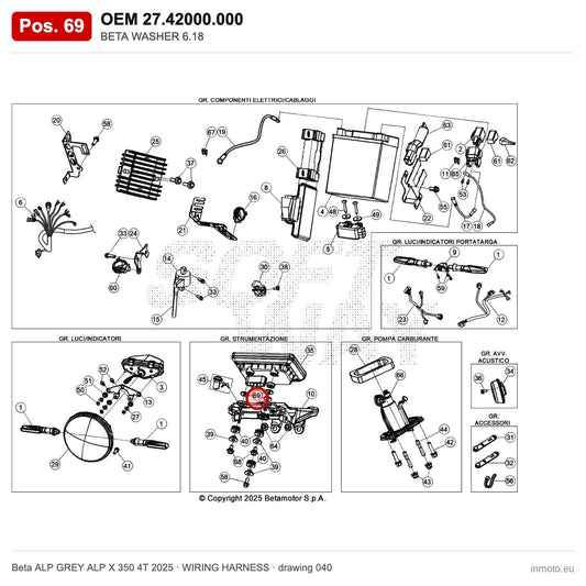 BETA WASHER 6.18 – OEM 27.42000.000, position 69 on the Beta ALP GREY ALP X 350 4T 2025 wiring harness drawing