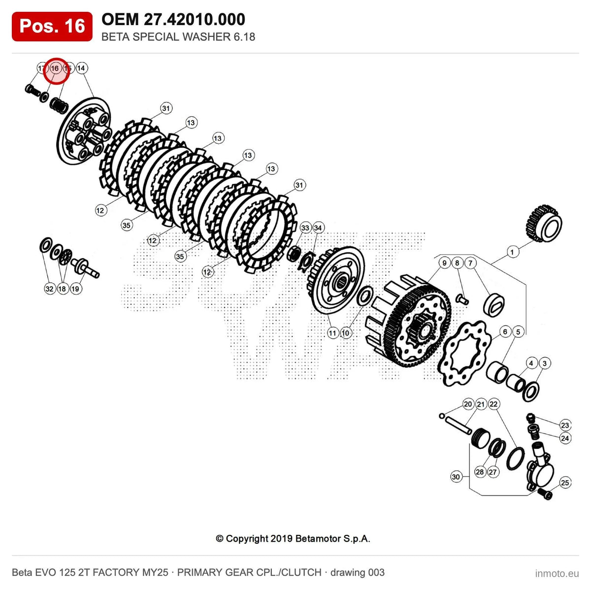 BETA SPECIAL WASHER 6.18 – OEM 27.42010.000, position 16 on the Beta EVO 125 2T FACTORY MY25 primary gear cpl./clutch drawing
