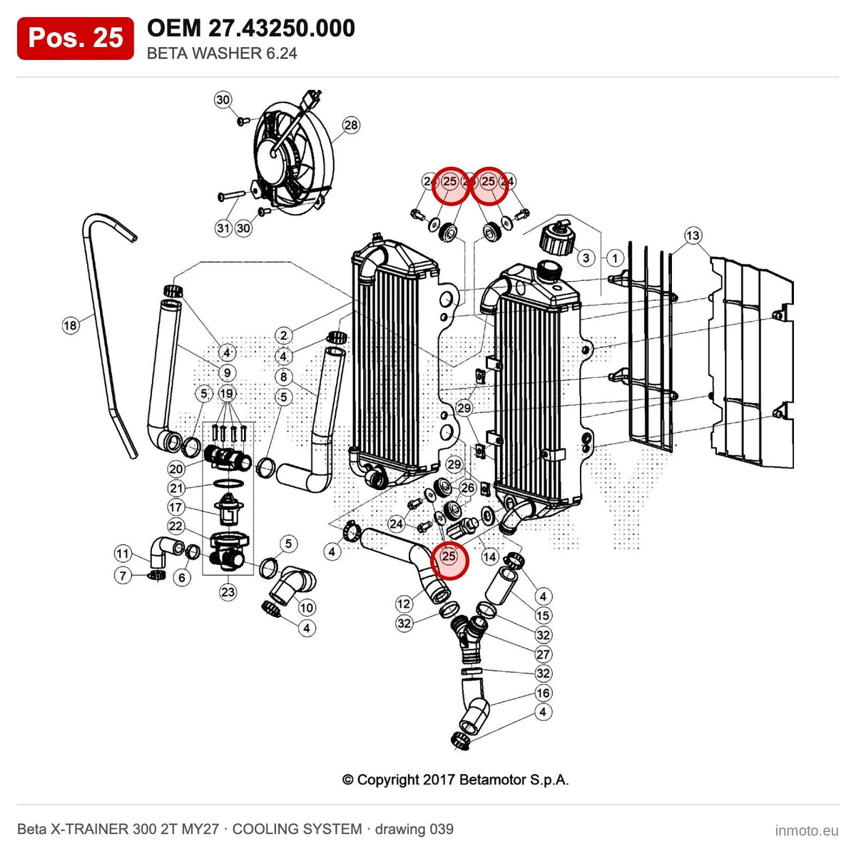 BETA WASHER 6.24 – OEM 27.43250.000, position 25 on the Beta X-TRAINER 300 2T MY27 cooling system drawing