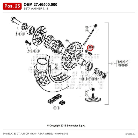 BETA WASHER 7.14 – OEM 27.46500.000, position 25 on the Beta EVO 80 2T JUNIOR MY26 rear wheel drawing