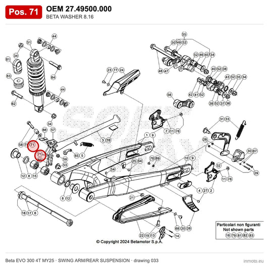 BETA WASHER 8.16 – OEM 27.49500.000, position 71 on the Beta EVO 300 4T MY25 swing arm/rear suspension drawing
