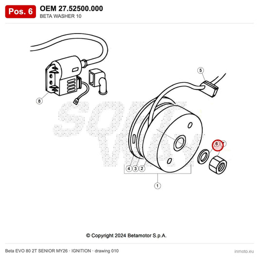 BETA WASHER 10 – OEM 27.52500.000, position 6 on the Beta EVO 80 2T SENIOR MY26 ignition drawing