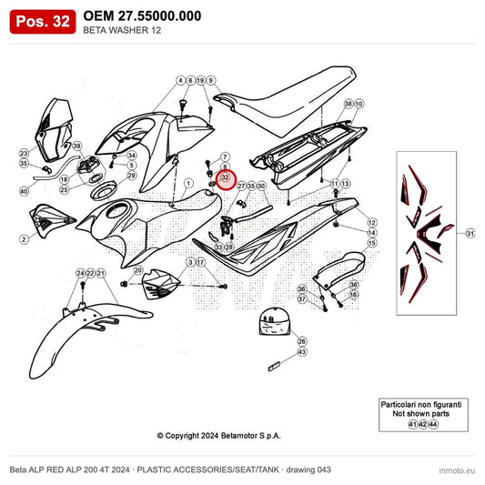 BETA WASHER 12 – OEM 27.55000.000, position 32 on the Beta ALP RED ALP 200 4T 2024 plastic accessories/seat/tank drawing
