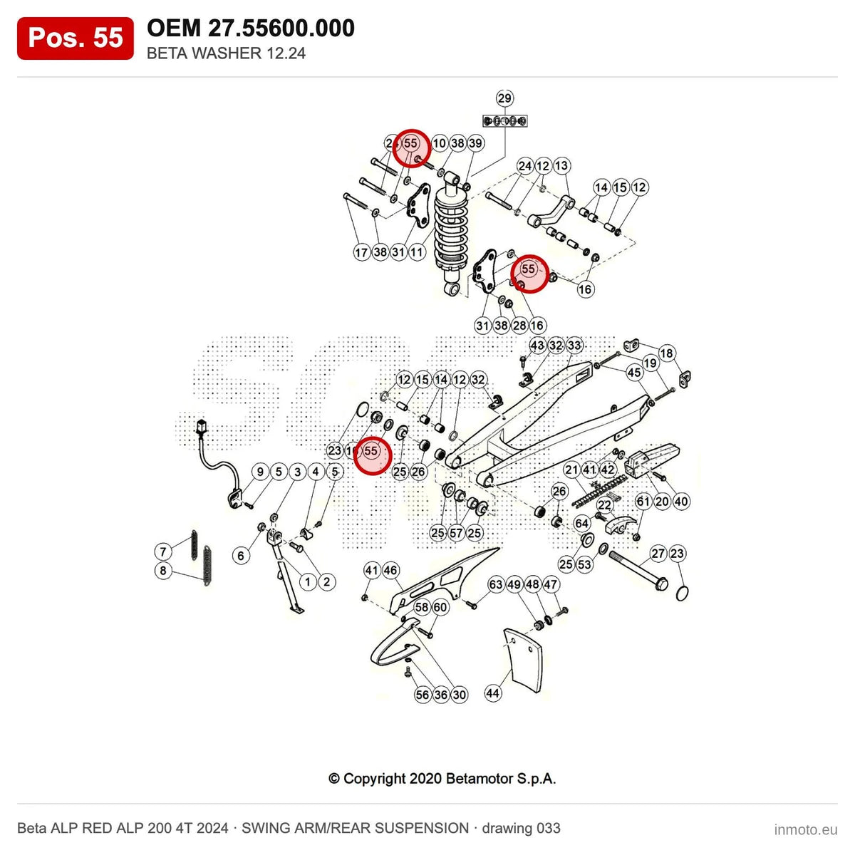 BETA WASHER 12.24 – OEM 27.55600.000, position 55 on the Beta ALP RED ALP 200 4T 2024 swing arm/rear suspension drawing
