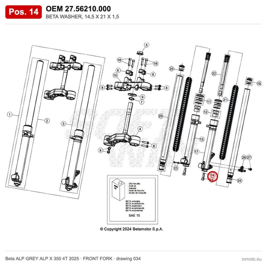BETA WASHER, 14,5 X 21 X 1,5 – OEM 27.56210.000, position 14 on the Beta ALP GREY ALP X 350 4T 2025 front fork drawing