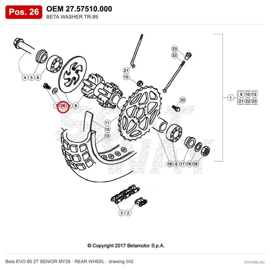 BETA WASHER TR-89 – OEM 27.57510.000, position 26 on the Beta EVO 80 2T SENIOR MY26 rear wheel drawing