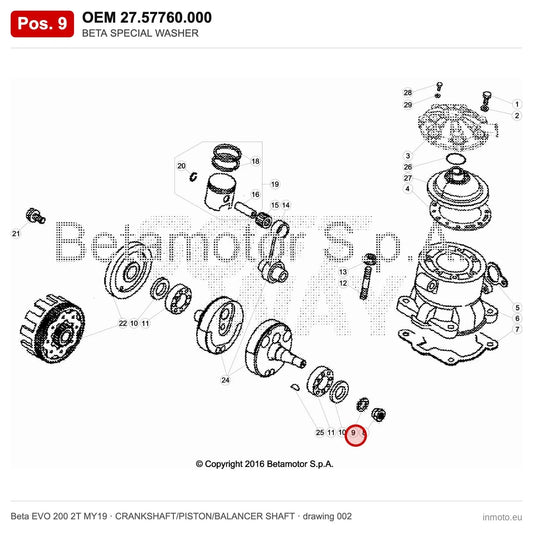 BETA SPECIAL WASHER – OEM 27.57760.000, position 9 on the Beta EVO 200 2T MY19 crankshaft/piston/balancer shaft drawing