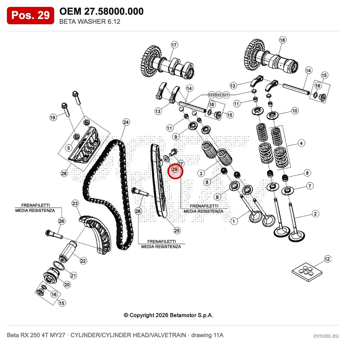 BETA WASHER 6.12 – OEM 27.58000.000, position 29 on the Beta RX 250 4T MY27 cylinder/cylinder head/valvetrain drawing
