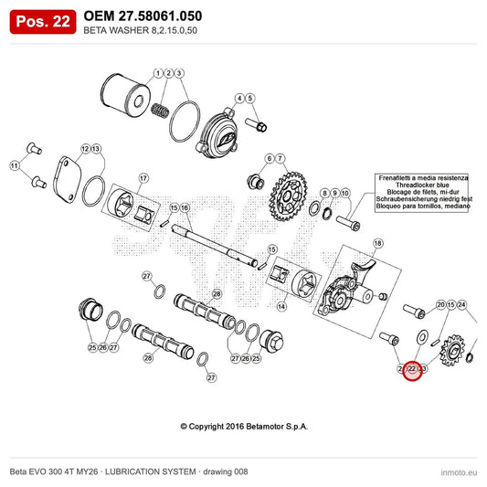 BETA WASHER 8,2.15.0,50 – OEM 27.58061.050, position 22 on the Beta EVO 300 4T MY26 lubrication system drawing