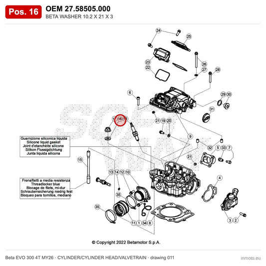 BETA WASHER 10.2 X 21 X 3 – OEM 27.58505.000, position 16 on the Beta EVO 300 4T MY26 cylinder/cylinder head/valvetrain drawing