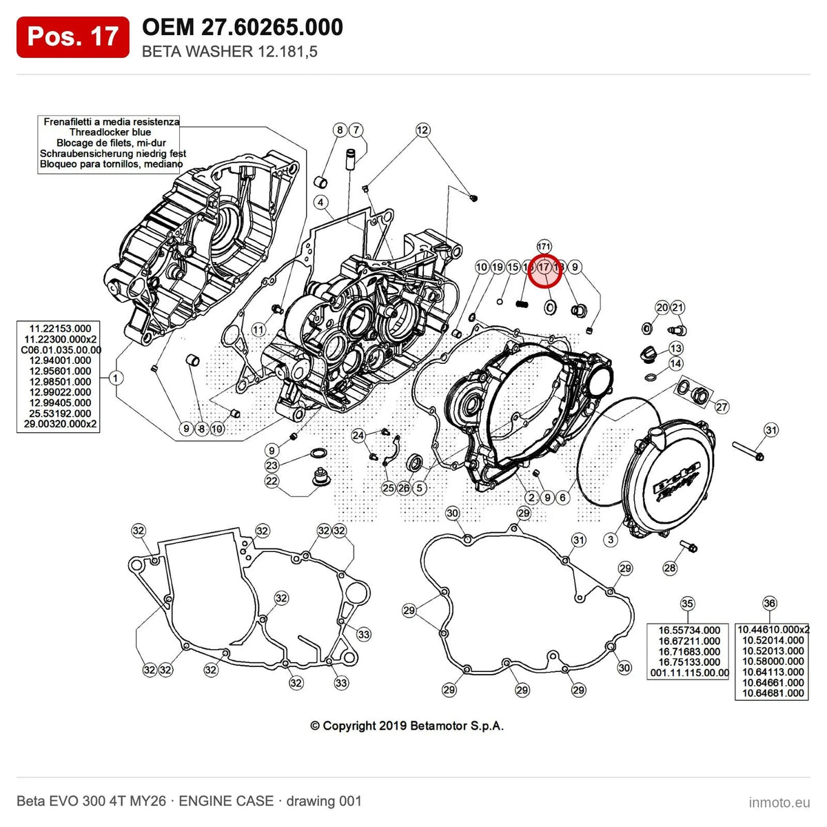 BETA WASHER 12.181,5 – OEM 27.60265.000, position 17 on the Beta EVO 300 4T MY26 engine case drawing