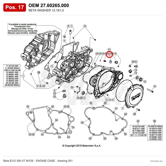 BETA WASHER 12.181,5 – OEM 27.60265.000, position 17 on the Beta EVO 300 4T MY26 engine case drawing