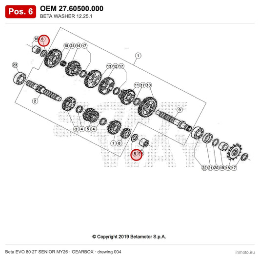 BETA WASHER 12.25.1 – OEM 27.60500.000, position 6 on the Beta EVO 80 2T SENIOR MY26 gearbox drawing