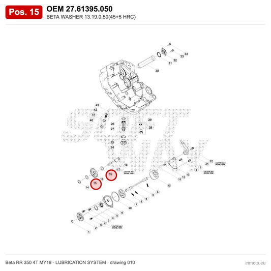 BETA WASHER 13.19.0,50(45+5 HRC) – OEM 27.61395.050, position 15 on the Beta RR 350 4T MY19 lubrication system drawing