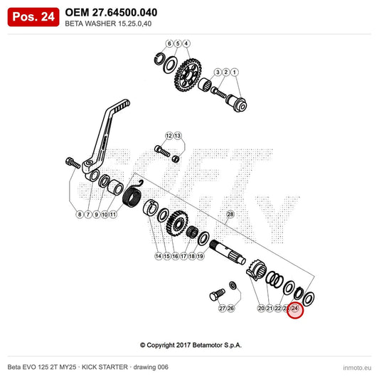 BETA WASHER 15.25.0,40 – OEM 27.64500.040, position 24 on the Beta EVO 125 2T MY25 kick starter drawing