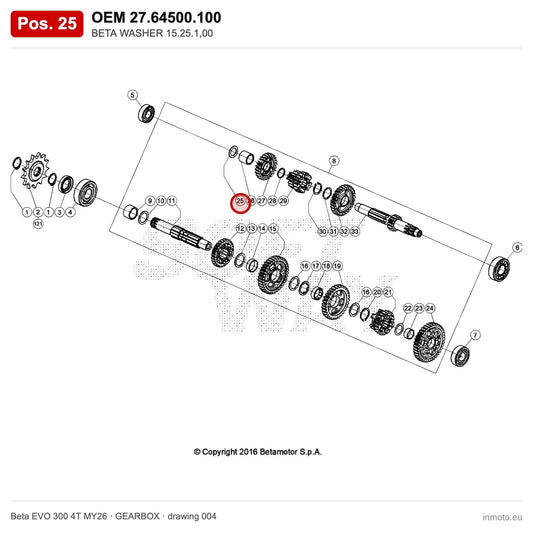 BETA WASHER 15.25.1,00 – OEM 27.64500.100, position 25 on the Beta EVO 300 4T MY26 gearbox drawing