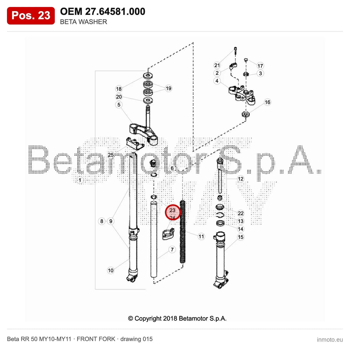 BETA WASHER – OEM 27.64581.000, position 23 on the Beta RR 50 MY10-MY11 front fork drawing