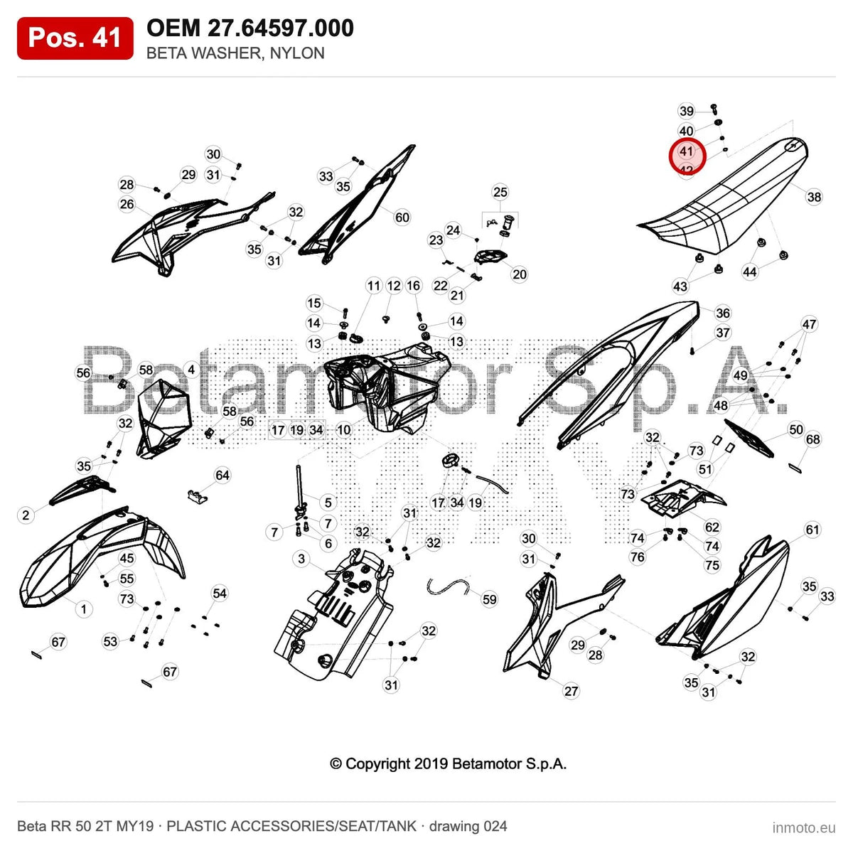BETA WASHER, NYLON – OEM 27.64597.000, position 41 on the Beta RR 50 2T MY19 plastic accessories/seat/tank drawing