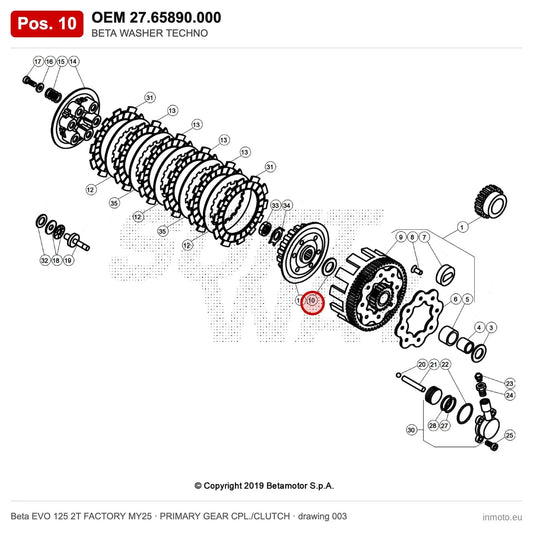 BETA WASHER TECHNO – OEM 27.65890.000, position 10 on the Beta EVO 125 2T FACTORY MY25 primary gear cpl./clutch drawing