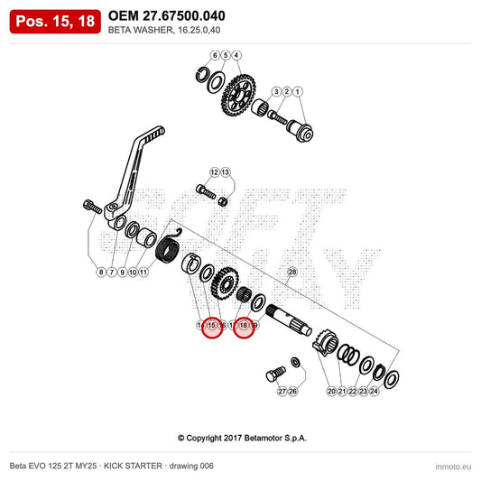 BETA WASHER, 16.25.0,40 – OEM 27.67500.040, positions 15,18 on the Beta EVO 125 2T MY25 kick starter drawing