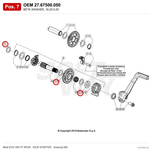BETA WASHER, 16.25.0,50 – OEM 27.67500.050, position 7 on the Beta EVO 300 4T MY26 kick starter drawing