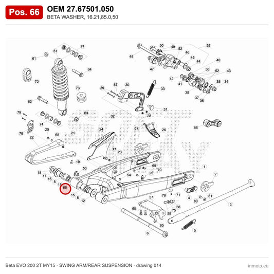 BETA WASHER, 16.21,85.0,50 – OEM 27.67501.050, position 66 on the Beta EVO 200 2T MY15 swing arm/rear suspension drawing