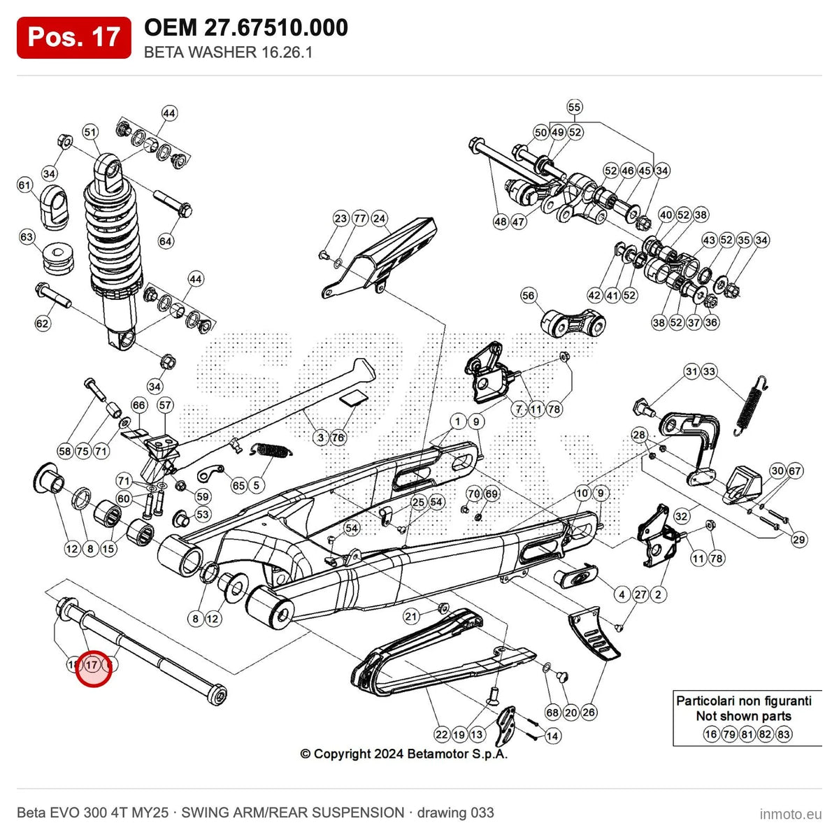 BETA WASHER 16.26.1 – OEM 27.67510.000, position 17 on the Beta EVO 300 4T MY25 swing arm/rear suspension drawing