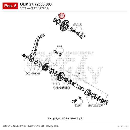 BETA WASHER 18.27.0,2 – OEM 27.72560.000, position 5 on the Beta EVO 125 2T MY25 kick starter drawing