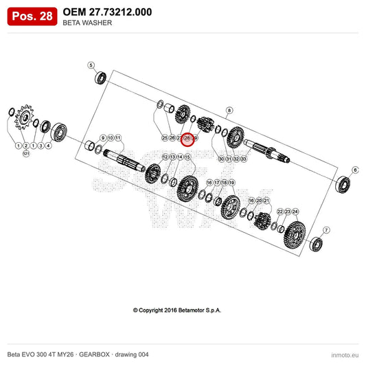 BETA WASHER – OEM 27.73212.000, position 28 on the Beta EVO 300 4T MY26 gearbox drawing