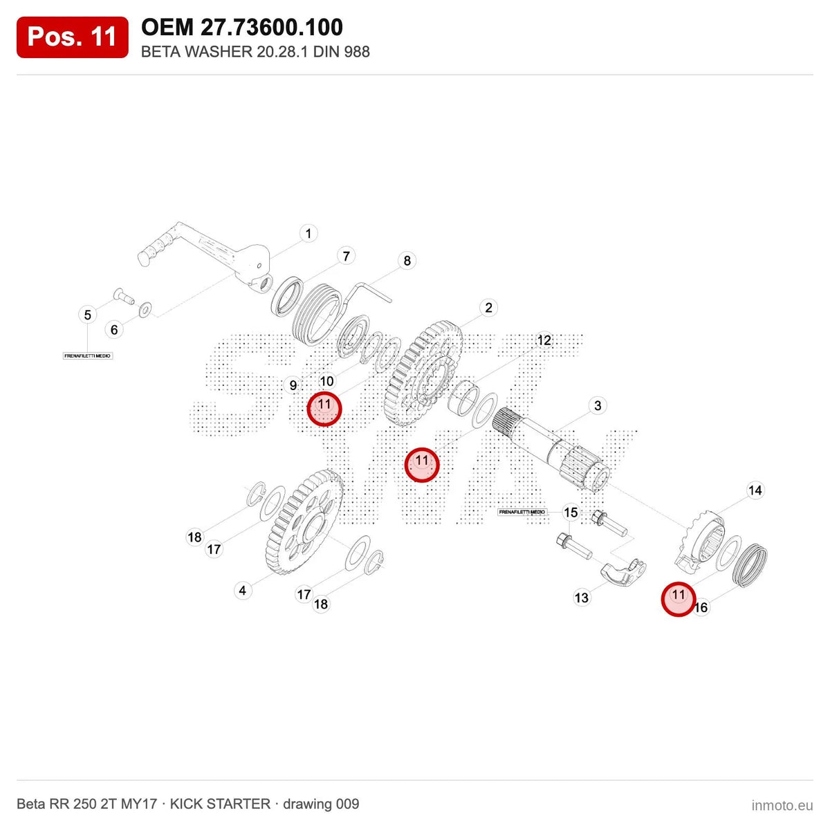 BETA WASHER 20.28.1 DIN 988 – OEM 27.73600.100, position 11 on the Beta RR 250 2T MY17 kick starter drawing