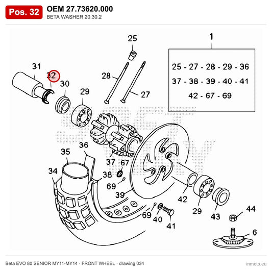 BETA WASHER 20.30.2 – OEM 27.73620.000, position 32 on the Beta EVO 80 SENIOR MY11-MY14 front wheel drawing